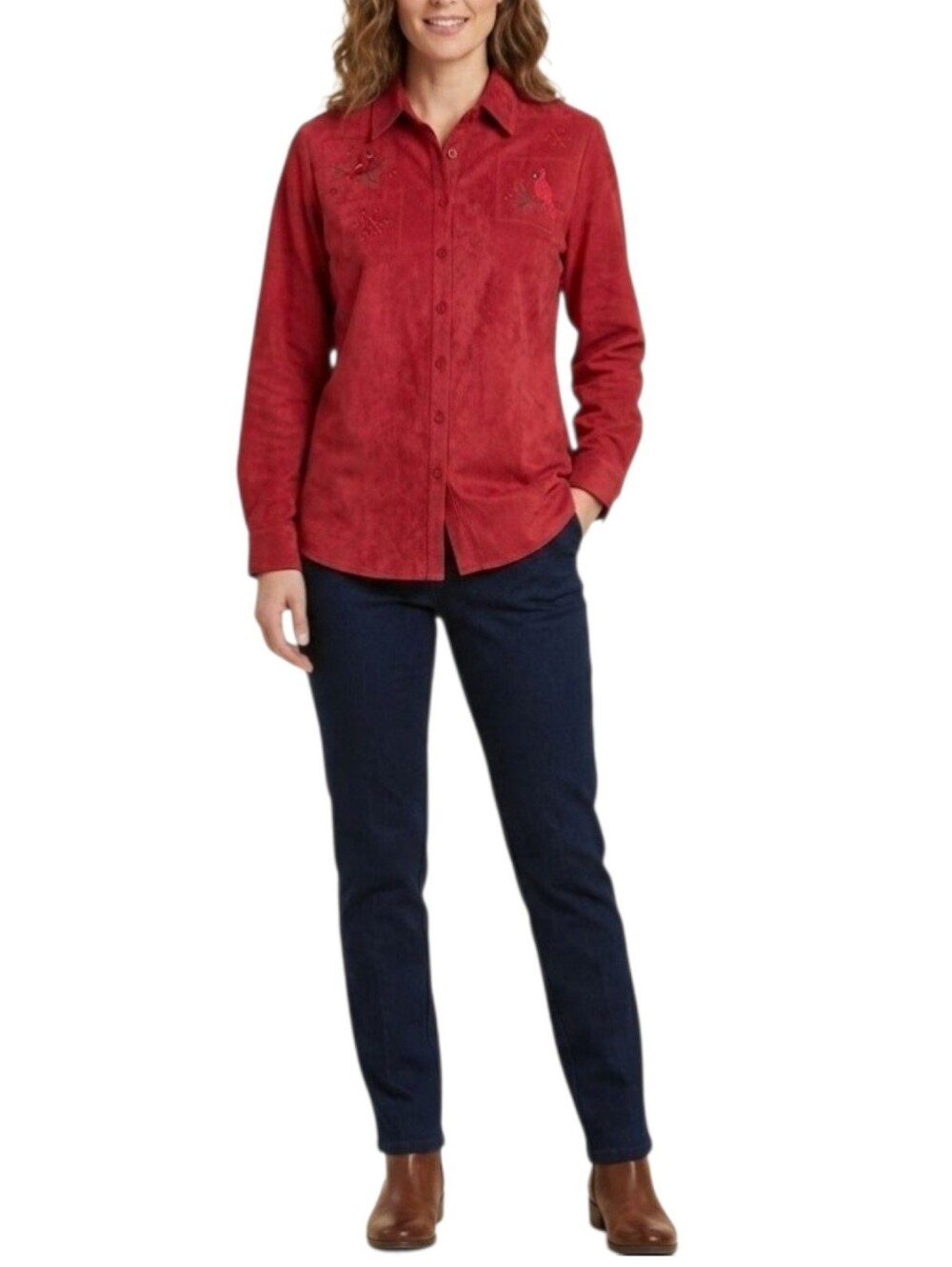 Northern Reflections Red Embroided Suede Button Down Shirt Shacket Size XS